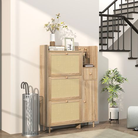 Zapatero con 3 Cajones Abatibles con Frentes de Ratán Cajón y Armario para Decoraciones y Llaves 80x23x120 cm Roble (1/5)
