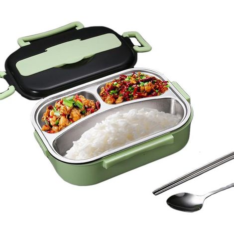 Thermo-Lunchbox 1 Liter 3 Fächer Edelstahl auslaufsicherer isolierter Lebensmittelbehälter mit Besteck und Besteckhalter tragbar für Kinder und (1/4)