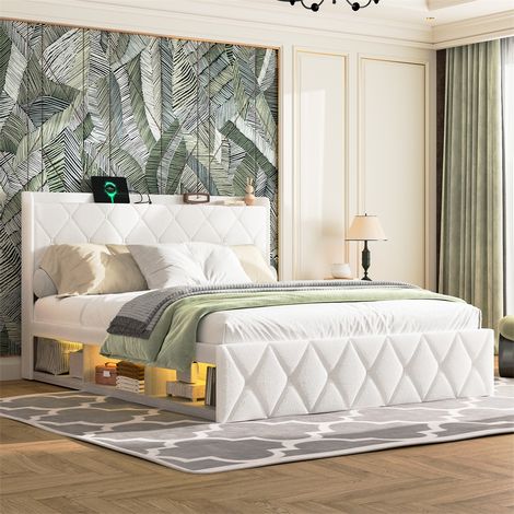 Lit 140x200 cm - Lit Coffre 140x200 avec 6 compartiments, LED Multicolore et Ports USB - Revêtement Teddy Doux - Blanc (1/5)