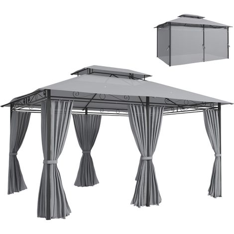 Pavillon de jardin, pavillon extérieur avec rideaux, toit ventilé, gris foncé (1/5)
