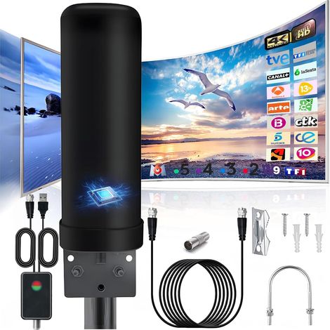 Antenne TV Antenne TNT Réception 360° à Câble 13m Intérieur Extérieure Amplificateur Signal Intégré DVB-T DVB-T2 1080P 4K VHF UHF DTMB (1/5)