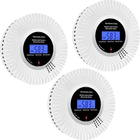 Détecteur de Fumée et de Monoxyde de Carbone Combiné avec écran LCD et Batterie Pendant 10 Ans, Détecteur de Fumée et Capteur de Monoxyde de Carbone avec Test/Muet, Lot de 3 (1/5)
