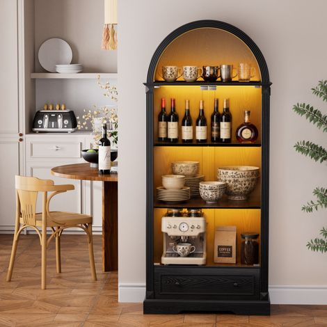 Vitrine haute 180 cm avec portes en verre, éclairage LED, tiroir et design arqué, meuble de rangement pour salon, cuisine et salle à manger, noir (1/5)