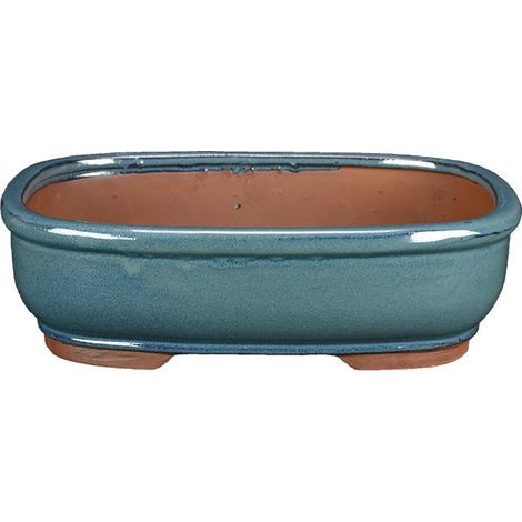 Vaso per bonsai ovale in gres smaltato verde scuro 14x10x3,5 cm - G8d
