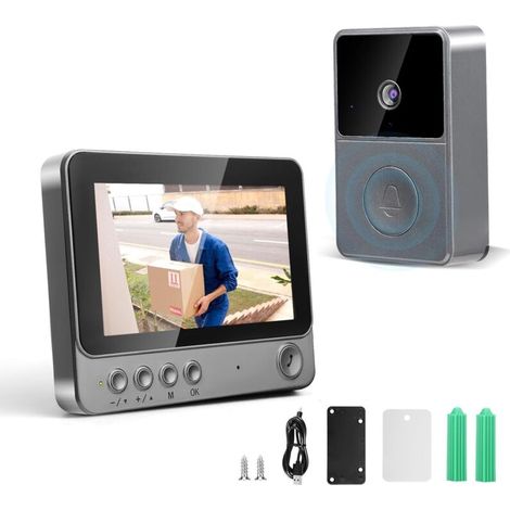 Sonnette sans fil 1080p avec caméra, sonnette extérieure sans fil étanche IP65 avec écran 4,3 pouces, interphone vidéo sans fil avec caméra, interphone HD, vision nocturne, audio bidirectionnel infrar (1/5)
