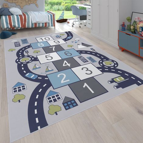 Paco Home Kinder-Teppich Für Kinderzimmer, Spiel-Teppich Mit Hüpfkästchen und Straßen, Grau 100x200 cm