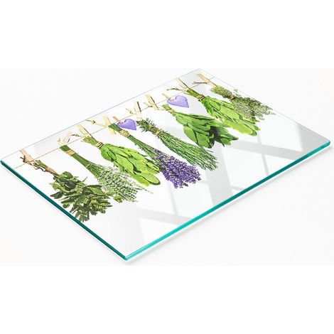 Tabla de cortar y servir decorativa de cristal con hierbas aromáticas en una cuerda, 80 x 52 cm. (1/5)