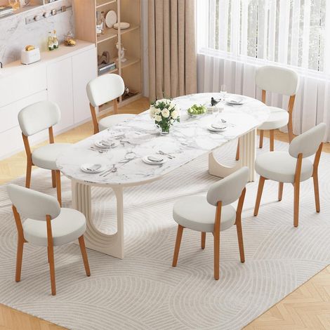 Esszimmerstühle 6er Set, Polsterstühle mit Massivholzbeinen, Leinenstoff, Beige (1/5)