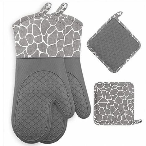 set De Quatre Gants De Cuisine Et Tapis De Pole En Gris, Gants De Cuisine Rsistant La Chaleur Jusqu' 260c Gants De Gril Antidrapants Doubls De Co (1/5)