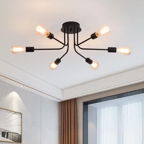 Plafonnier Sputnik moderne, lustre rustique noir à 6 lumières avec montage semi-encastré, luminaire industriel avec douille E27 pour salon/salle à manger de style campagnard