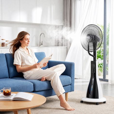 Ventilateur brumisateur 3 L à 3 modes et 3 vitesses. En plastique et métal. 50 x 40 x 125 cm. Noir et blanc.