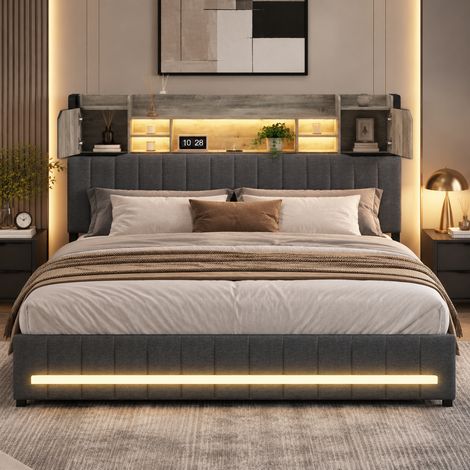 Plcnn - Lit double 140x190cm avec 4 tiroirs - éclairage LED et ports USB - tête de lit rangement - sommier à lattes - 2 personnes - lin gris (1/5)