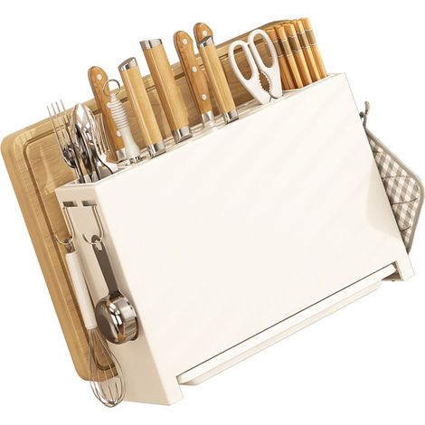 Range-couteaux de cuisine blanc avec support à baguettes et planche à découper intégré (1/5)