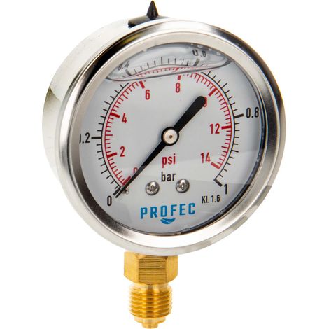 Profec Manometer 0 - 1 bar, Glyzeringefüllt, Ø 63 mm, 1/4 Zoll Anschluss nach unten Radial, Überdruck-Manometer