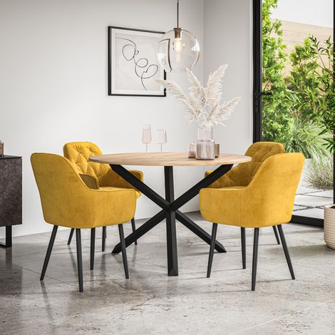 Malvern Round Dining Table And Chairs - Oak Table Top w Solid Black Oak Legs + Anika Velvet Dining Chair Set Of 4 (Mustard) (1/5)