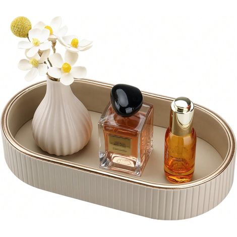 ovale Aufbewahrungsschale aus Kunstleder mit Goldrand, gestreift, für Kosmetik und Schmuck, nicht für Lebensmittel geeignet, Beige