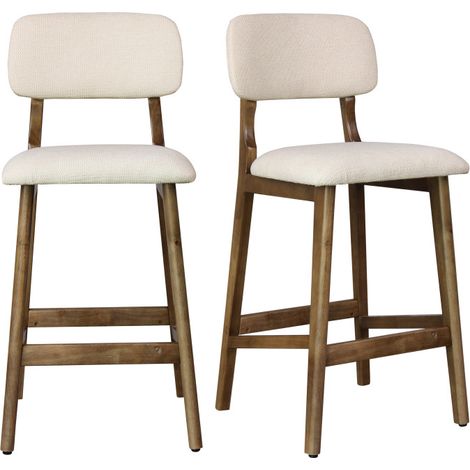 CLIFF-Tabouret de bar en bois patiné noyer et Tissu Trendy Ecru (x2) (1/5)