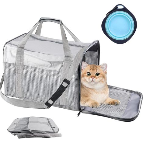 Sac Transport Chat et Chien, Caisse Pliable avec Gamelle, pour Petit Animal, 42 x 27 x 28 cm (1/5)