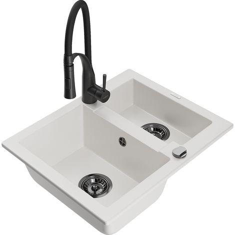 Mexen Carlos fregadero de granito de 1,5 cubetas con grifo de cocina Aster, blanco - 6518-20-73450-70-B (1/5)