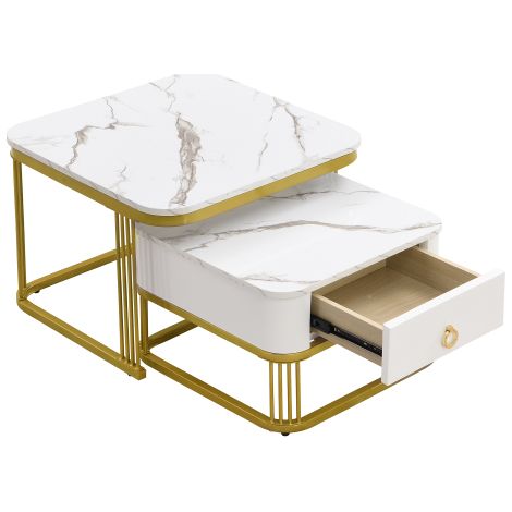 Tables basses gigognes marbre blanc brillant, doré, tiroirs, 2 pièces