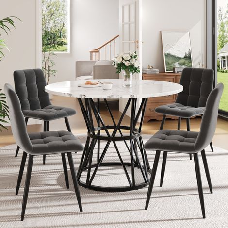 Ensemble table et chaises 5 pièces - Table ronde 100 cm Modèle de marbre MDF, 4 chaises velours gris - Pieds noirs (1/5)