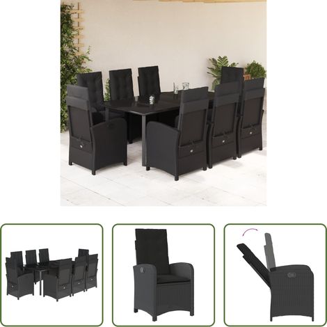 vidaXL Gartenessgruppe - 9-tlg. Garten-Essgruppe mit Kissen Schwarz Poly Rattan (1/5)