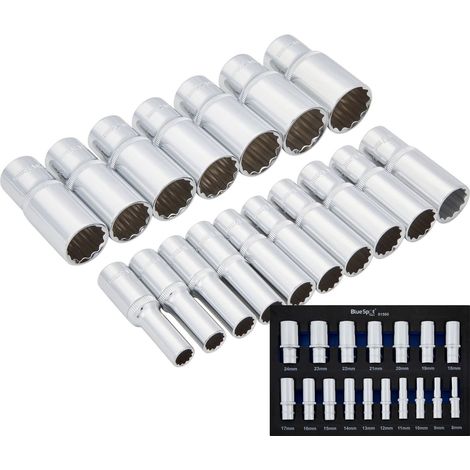 Bluespot 17pc 3/8" Metric Long Reach Deep Sockets 8-24mm In Eva Foam Set