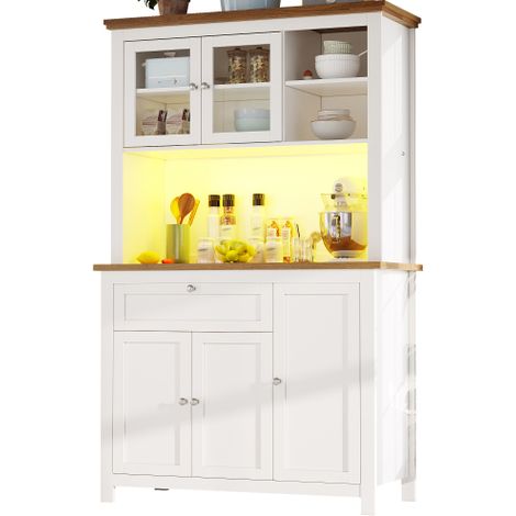 Meuble de cuisine (104 x 40 x 180 cm), armoire haute, buffet, vitrine, buffet avec étagères réglables, buffet avec éclairage LED à couleurs réglables, blanc. (1/5)