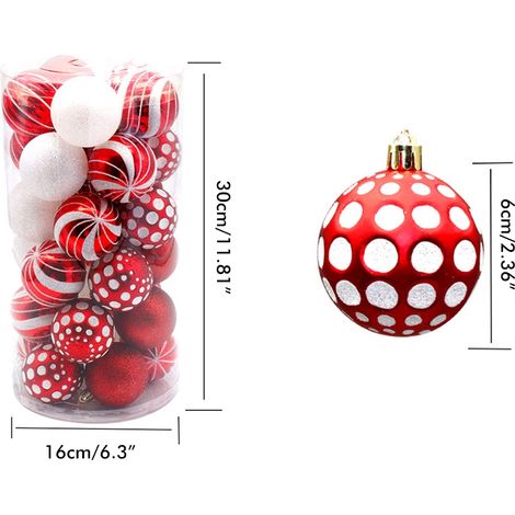 Set aus 30 unregelmäßig geformten, bemalten, 6 cm großen, fassförmigen, galvanisierten Kunststoff-Weihnachtskugeln, Christbaumschmuck, rot, grün und gold. (1/5)