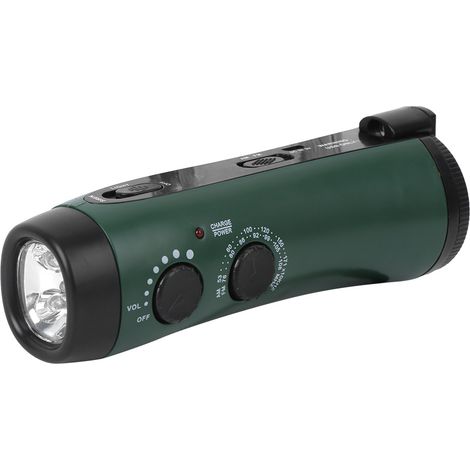 Lampe torche multifonction à manivelle en plastique pour extérieur, radio d'urgence, LED, charge pour téléphone portable, verte (1/5)