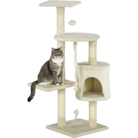Arbre à chat beige H116 cm avec poteaux en sisal, grotte, plateformes et jouets suspendus, accessoire design sobre pour intérieur pratique et espace de jeu complet