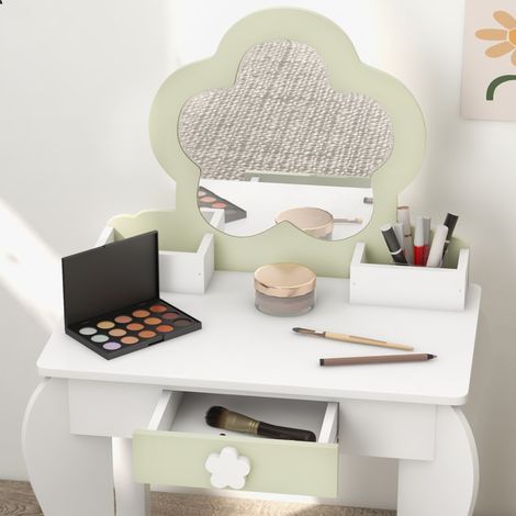 Set de coiffure fille en bois blanc avec miroir maquillage, tabouret assorti, tiroir et rangements