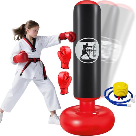 Sac de Boxe pour Enfants 6 à 12 Ans, 160cm Gonflable Sac de Frappe sur Pied, Sac de Boxe Set de Formation avec Gants, Cadeau Parfait pour Garçons et Filles pour Karaté, Taekwondo (1/5)
