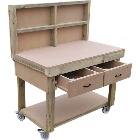 Wooden MDF Top Workbench With Drawers (V1), 4ft (120cm) With back panel, With wheels (1/3)