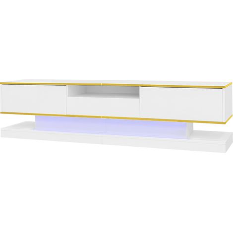 Meuble TV moderne blanc laqué avec 3 tiroirs et éclairage LED multicolore, 180 x 38 x 45 cm (1/5)