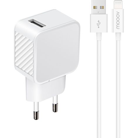 Chargeur secteur 1 USB-A 2.4A Fast Charge+ câble USB-A/MFI - 100% plastique recyclé 1,2 m - blanc (1/5)