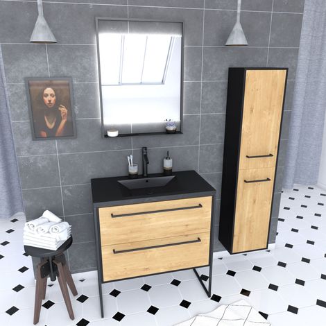 Mueble de baño 80cm, Lavabo negro, Espejo LED y Columna – Roble y Negro