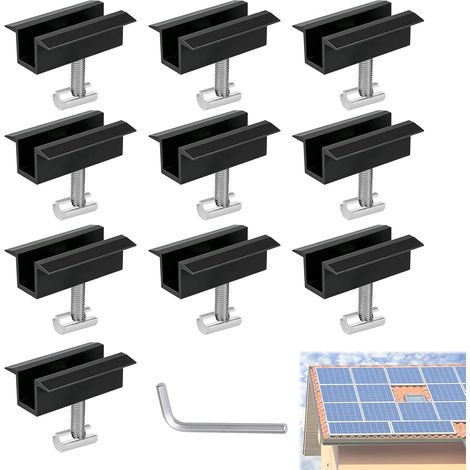 Kit de 10 Support Panneau Solaire 30-42mm, Pinces Centrales pour Balcon, Fixation Panneaux Solaires Photovoltaïque en Aluminium pour Rail, Modules PV Pince de Toit, Noir (1/5)