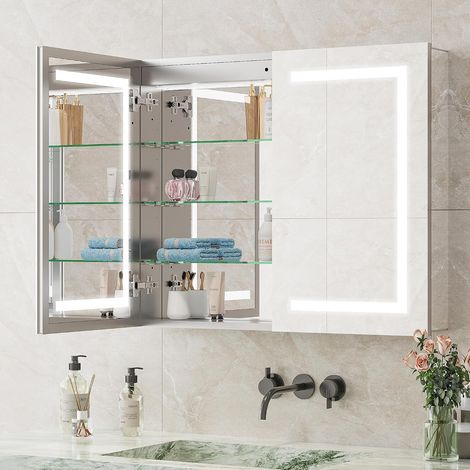 Spiegelschrank Badschrank, Anti-Beschlag, 3-farbige LED-Beleuchtung, 80x60 cm, für Badezimmer, Doppeltür (1/5)