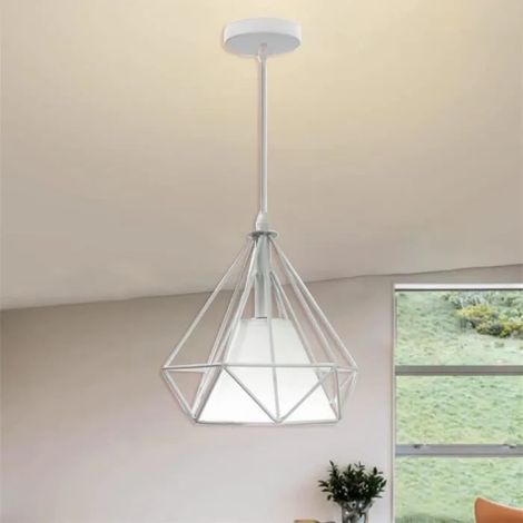 U-Do Suspension Filaire Vintage Lampe Abat - Jour Cage forme Diamant en Fer Blanc E27 Lustre Intérieur Industriel (1/4)