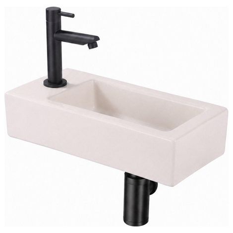 QeramiQ Fuente Lavabo pour WC - 38x18.5x9 cm - ceramique - trou de robinet de Lavabo pour WC a gauche - robinet de Lavabo pour WC noir mat - siphon (1/5)