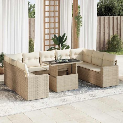 Ensemble Salon Jardin 10 Places Résine Tressée Beige avec Coussins Amovibles et Table Réglable (1/4)