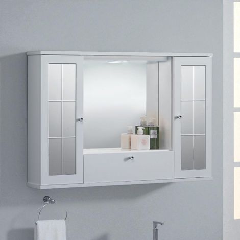 Specchiera mobile contenitore da bagno MERCURIO 90 bianco lucido a 2 ante con specchi e luce LED (1/4)