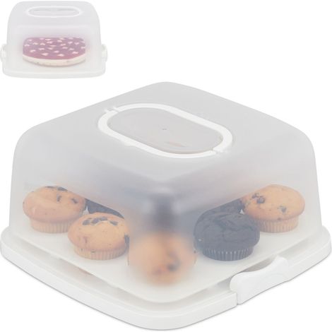Relaxdays Contenitore per Torte, Quadrato, Trasportabile, Dolci Muffin, Lavabile, HLP 16x34x32,5 cm, Bianco/Trasparente (1/5)