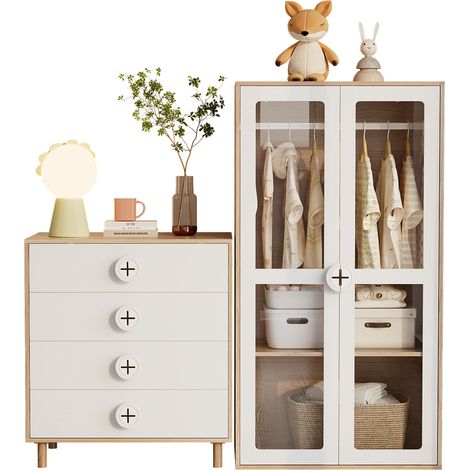 Schlafzimmer-Set mit 1 Kleiderschrank und 1 Kommode mit 4 Schubladen, variables Stauraumsystem, MDF und Acryl, Natur und Weiss (1/5)