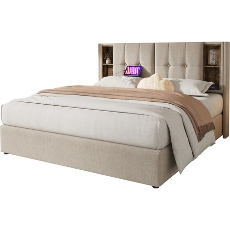 CHICFURN Cama doble tapizada 180x200 cm con arcón de almacenamiento, carga inalámbrica, 2 USB y USB-C, cabecero con estantes abiertos y somier de láminas (1/5)