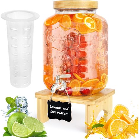 Distributeur de boissons de 7,6 L avec support, distributeur de boisson en verre avec robinet en acier inoxydable massif pour jus glacés, eau, boissons maison, fêtes, mariages (1/5)