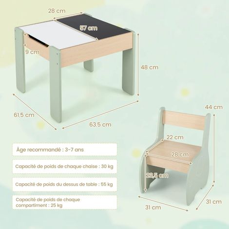 Ensemble table et 2 chaises enfant vert en bois 4 en 1 avec plateau amovible réversible et rangement pour chambre et salle de jeux (1/5)