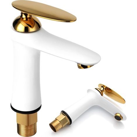 Mitigeur Lavabo Monocommande Laiton Or Blanc, Robinet Salle de Bain 2 Trous Haute Pression, Bec Orientable Anti-Éclaboussure, Économie d'Eau Installation Facile (1/5)