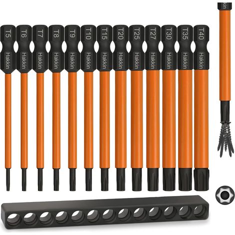 Lot de 13 embouts de tournevis Torx 1/4", 75 mm de long, en acier S2, pour vis à profil en T, marteau perforateur, visseuse sans fil T5, T6, T7, T8, T9, T10, T15, T20, T25, T27, T30, T35, T40 (1/5)